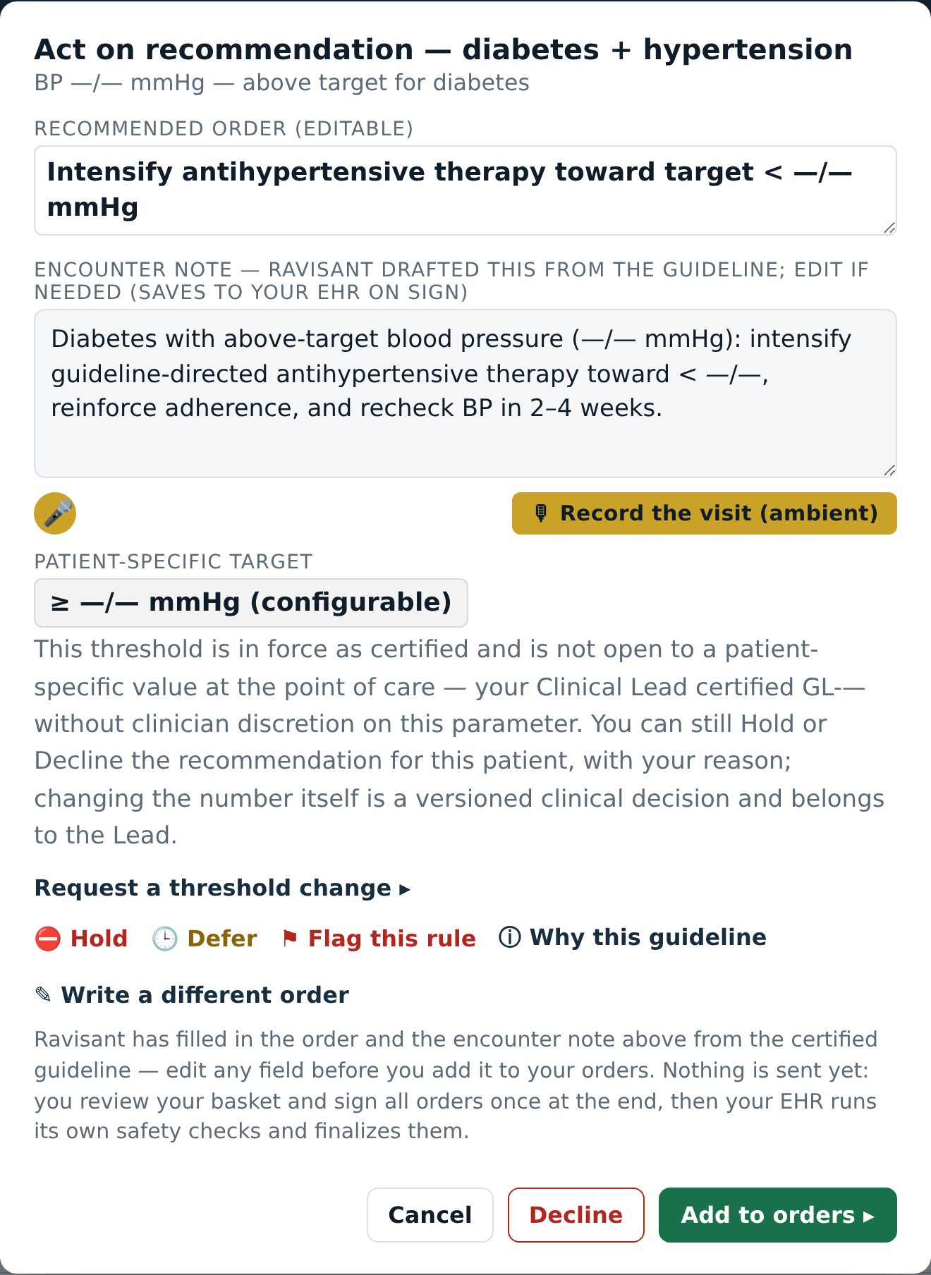 Ravisant’s act-on-recommendation panel for diabetes with hypertension, showing the editable recommended order to intensify antihypertensive therapy toward a target below 130 over 80, and the encounter note Ravisant drafted from the guideline, which files to the EHR on signature.