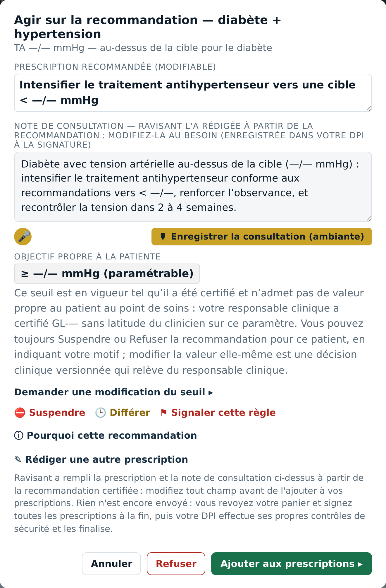 Le panneau d&rsquo;action sur recommandation de Ravisant pour un diabète avec hypertension, montrant la prescription recommandée modifiable visant à intensifier le traitement antihypertenseur vers une cible inférieure à 130 sur 80, et la note de consultation que Ravisant a rédigée à partir de la recommandation, qui est versée au DPI à la signature.