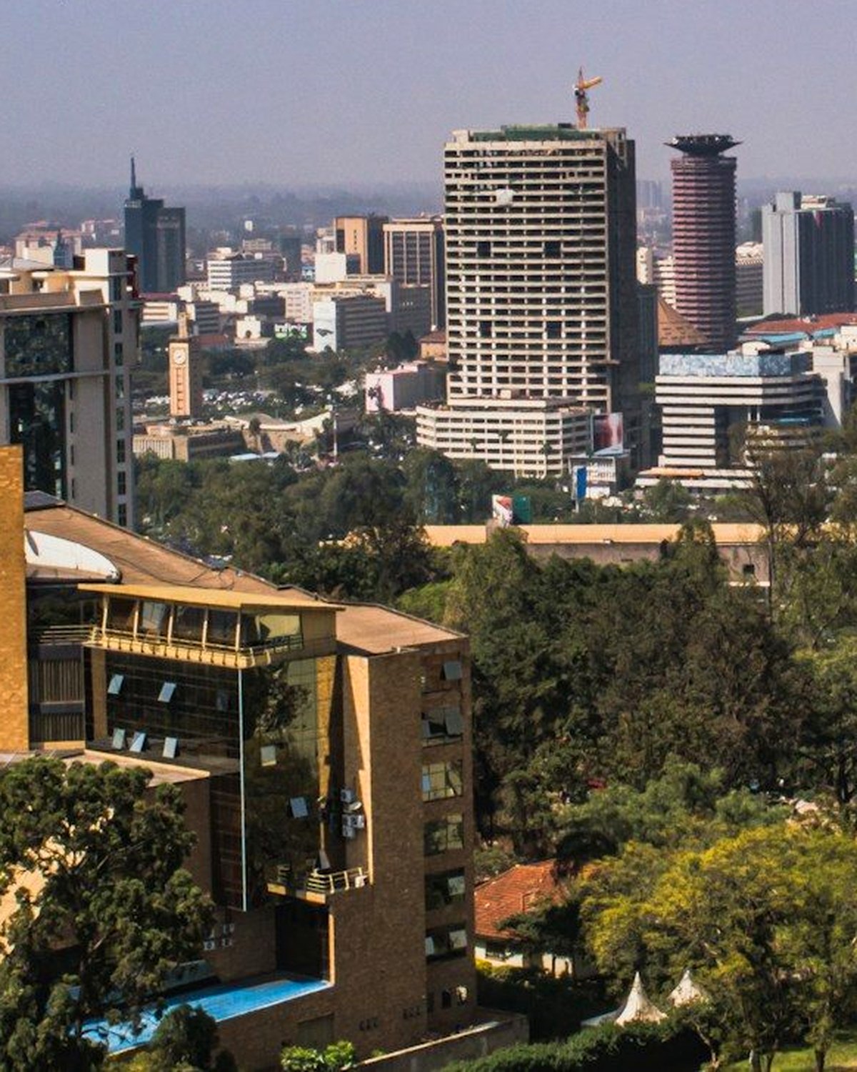 A capital city seen from above: office towers and dense tree canopy stretching to the horizon.